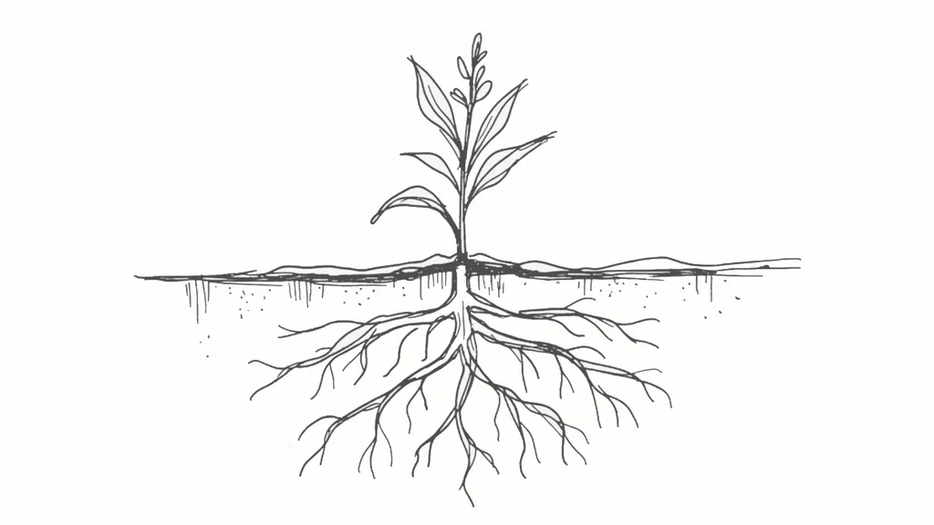 A seedling with small leaves above ground and an extensive root system beneath the surface