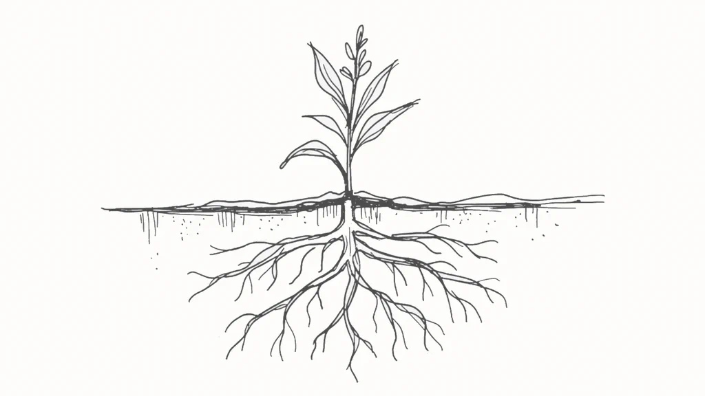 A seedling with small leaves above ground and an extensive root system beneath the surface