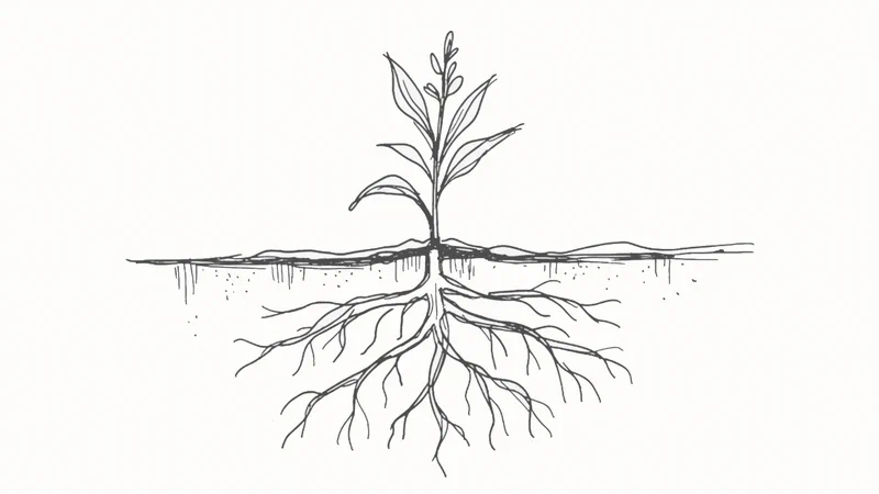 A seedling with small leaves above ground and an extensive root system beneath the surface
